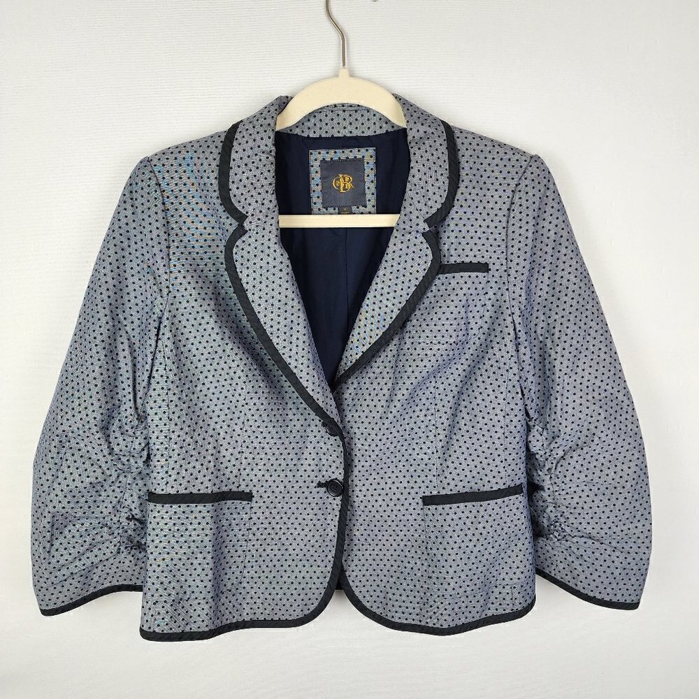 CRB Women Navy Polka Dot Blazer Ruched 3/4 Sleeve Black Trim Jacket Size M